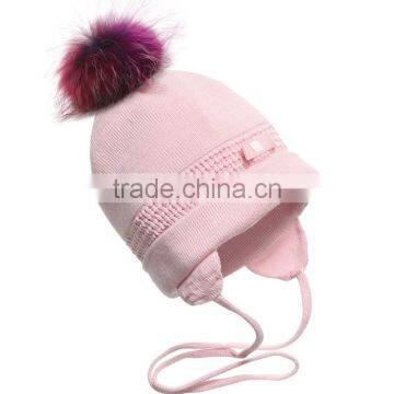 Myfur Double Deck Cotton Yarn Crochet Knitting Hat with Removable Raccoon Fur Pom Pom