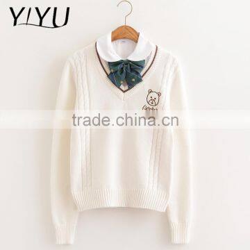 Korea Style Girl White Sweet V-neck High School Uniform Pullover Sweater photo-3
