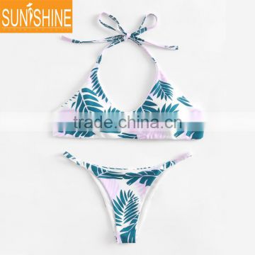 Women Seamless Swimwear Bikini Leaf Printing Crop Top Padded Bikinis