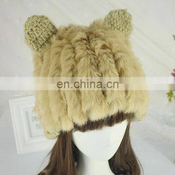 Hand made knitted winter rabbit fur hat cat ear cap for women winter