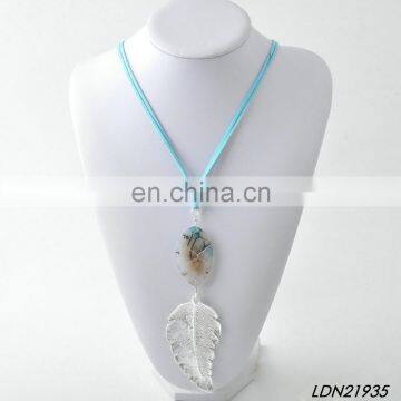 Genuine agate gemstone gold and silver leaves pendant necklace double suede leather necklace jewelry