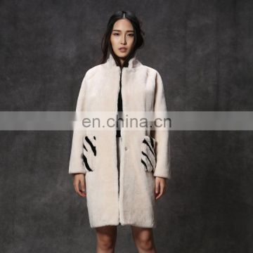 hot sales Merino lamb fur long coat with zebra pattern pocket for women