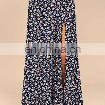 Navy Blue Floral Print Long Maxi Skirt 2017 photo-4