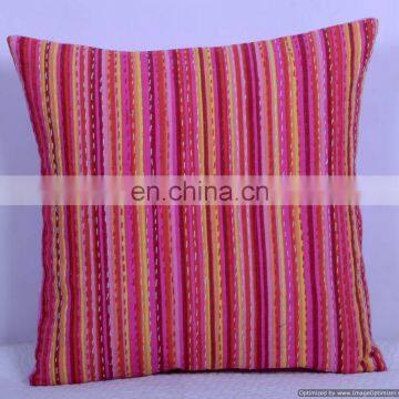 Pink Stripe Kantha Cushion Cover Indian Cotton Handmade Kantha Throw Pillow Cover Hande Quilted Decorative Cushion Cover Art