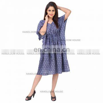 Indian Short Hand Block Printed Blue Maxi Long Dress Plus Size Kaftan Bikini Wear Tunic