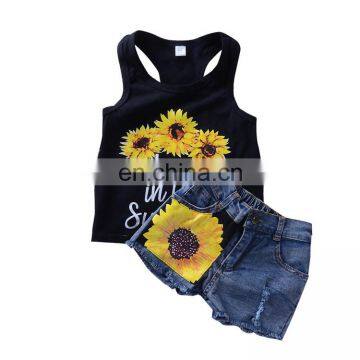 Children's two-piece sunflower-print vest denim shorts set children summer suit wholesale price