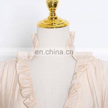 TWOTWINSTYLE Sexy Dress For Women V Neck Lantern Long Sleeve High Waist Midi Patchwork Elegant photo-3