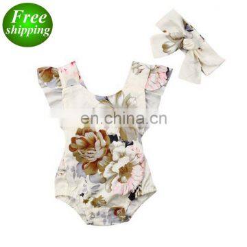 2019 summer girls fly sleeved cotton rompers & headband 2pc set girls flower print bodysuits free ship