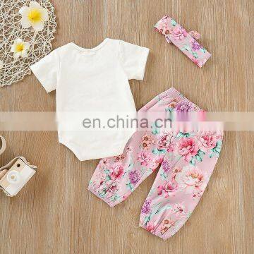 Easter Day 2019 Short Sleeved Kids Clothes Girls Children Clothing Sets Bunny White Romper & Flower Pants & Headband 3PCS Set photo-3