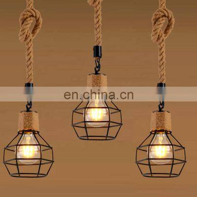 Retro Hemp Rope Pendant Light E27 Decorative Iron Cage Lamp Fixtures