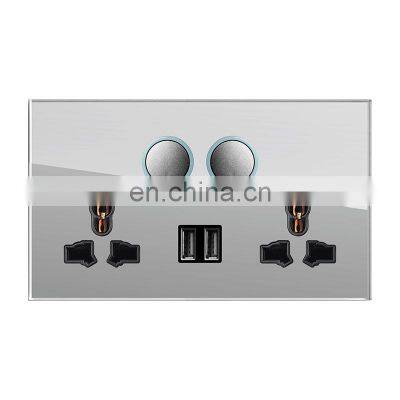 Universal 6-pin Wall Socket With Double Switch+2USB 146mm*86mm Tempered Glass Panel  Socketes and Switches Electrical 16A