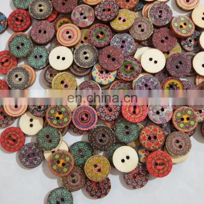 Round Mixed Random Pattern Custom Bulk 20Mm Wooden Buttons With 2 Holes