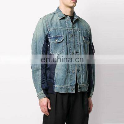 YIHAO Wholesale OEM Custom Button up Denim Blue Men Color Block Jacket photo-3