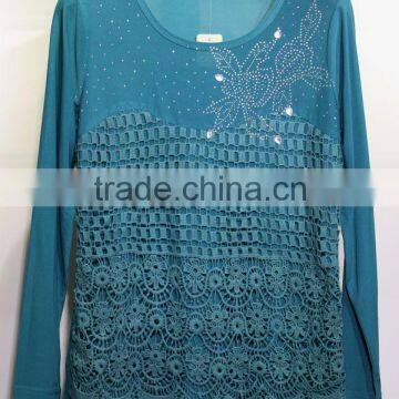 Women's long sleeve viscosa blouse pull over round neckline with lace and rhinestones