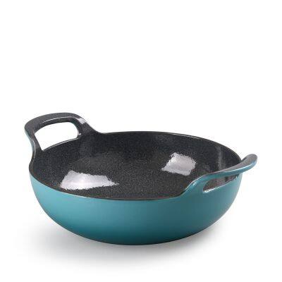 Hot Selling Chinese Large Round Wok Cookware 26cm Blue Enameled Cast Iron Food Warmer Casseroles Non Stick Stewpot With Lid