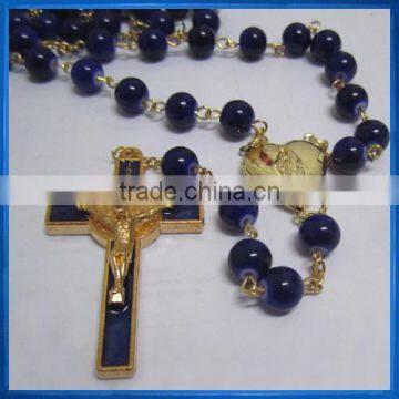 8mm blue glass golden tone rosary with locket center,terco,rozaniec