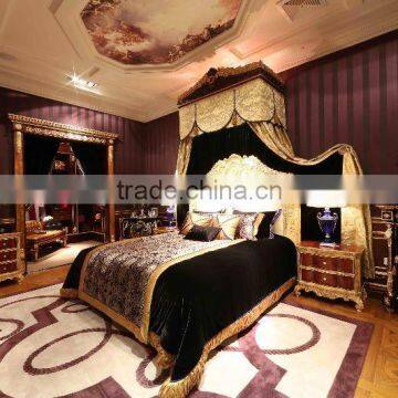 Royal Design Italian Style Bedroom Furniture Set High Back Bed Antique Golden Hand Carving Bed