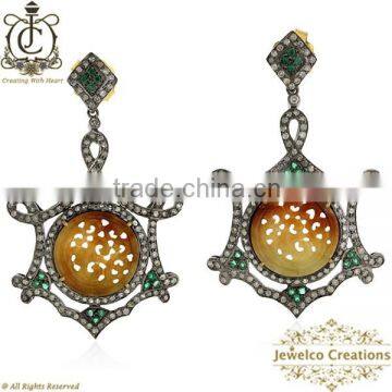 14K Gold Diamond Pave Carving Earring Jewelry, Diamond Pave Silver Earrings, 925 Silver Emerald Gemstone Carving Earrings