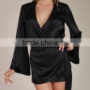 Mini sexy silk robe in black satin