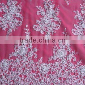 High Quality white french lace fabric for wedding dress/embroidered beaded tulle fabric/french lace fabric/chantilly lace fabric