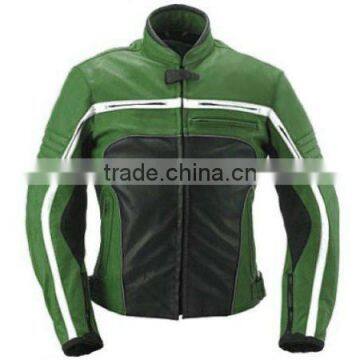 Ladies Stripped Green Leather Motorbike Jacket