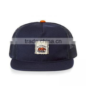 OEM/ODM Applique Label Patch Logo Flat Brim Navy Blue Mesh Plain 5 Panel Trucker Cap Wholesale photo-2