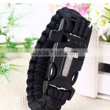 Black Survival Bracelet Outdoor Paracord Flint Fire Starter Scraper Whistle Gear