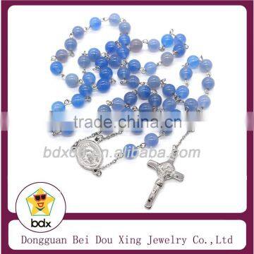 China Factory Supply High-end Stainless Steel Catholic 8mm Natural Agated Beads Religious Jesus Cross Pendant Prayer Necklace