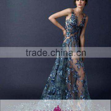 AR-99 Navy Blue Sexy Abendkleider Long Appliques Sleeveless Turquoise Nude See Through Prom Dresses