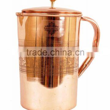 IndianArtVilla Pure Copper Designer Jug Pitcher with Lid 1750 ML - Storage Drinking Water Home Hotel Restaurant Benefit Yoga