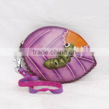 Handmade Leather Large Caterpillar on Leaf Coin Purse