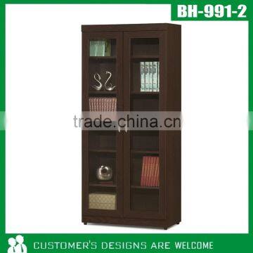 Walnut Finished Wood Book Shelf With Glass Door, Modern Book Cabinet