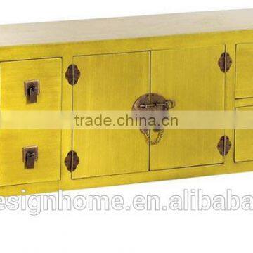 YELLOW ORIENTAL WOODEN CABINET W/2 DOORS & 8 DRAWERS