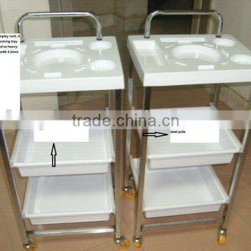 serving display rack assembled by vacuum forming plastic tray parts and steel shelf