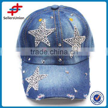 2017 new product alibaba best seller denim with s tar applique rhinestone baseball cap