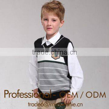 boys striped v-neck sweater vest with badge,children knitted striped cotton sweater vest