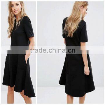 Woman Short Sleeve Black Color Round Neck Batwing Sleeve Pleated High-Low Casual Dress