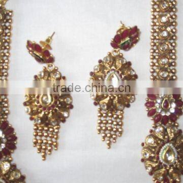 GOLD Plated Polki Kundan Long Necklace EARRING Set photo-3