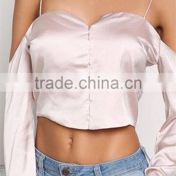 MGOO Custom Manufacturer Polyester Cropped Blouses Blush Silky Cold Shoulder Long Sleeves Satin Crop Tops photo-4