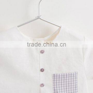 2017 Baby Boy Clothes 2pcs Set White Linen Blouse Chest Pocket Light Purple Grids Shorts photo-4