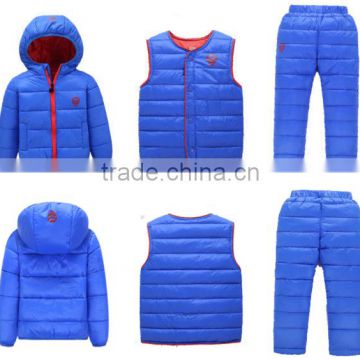 custom made new design casual children kids 3 pcs winter clothing sets(jacket+vest+pants)