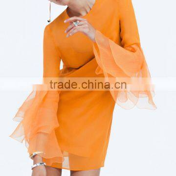 Flare Sleeve Fashionable Shift Dress for Women 2017 Orange Short Dresses photo-4