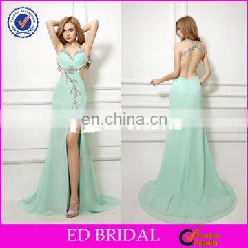 CE98 Attractive Sexy Low Open Back Split Front Halter Light Green Chiffon Evening Dress photo-3