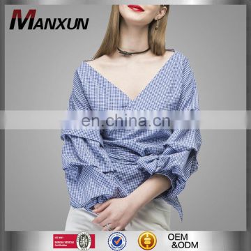 2017 Fashion Design Puff Sleeve Wrapped Top Deeper V Neck Ruched Sleeve Wrap Blouses In Blue