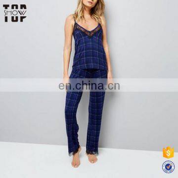 OEM factory navy all over check print print straps lace woman pajamas