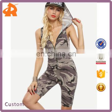 Wholesale Fitness Clothing, Fitness Sport wear Cloths, Camouflage Print Hooded Zipper Front Jumpsuit