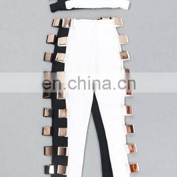 Amigo 2017 New Design Two Piece Sexy Party Wear Long Bandage Pants Suit With Dew Chest Metal Crop Top and Cut Out Pants photo-2