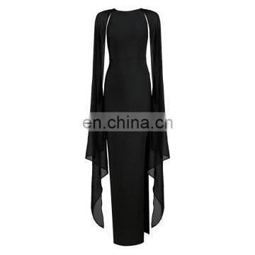 Amigo 2017 Black Long Chiffon Cape Sleeve High Vent Barelegged Long Bandage Dress Modest Dresses for Young Girls photo-2