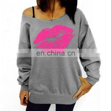 New Wholesale Women Lips Print Pullover One Shoulder Jumper Sweater Hoodie Sweatshirt Tops photo-3