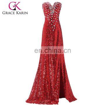 Grace Karin Fashion Women Sexy Dress Split Beaded Sequins Long Red Free Prom Dresses CL6102